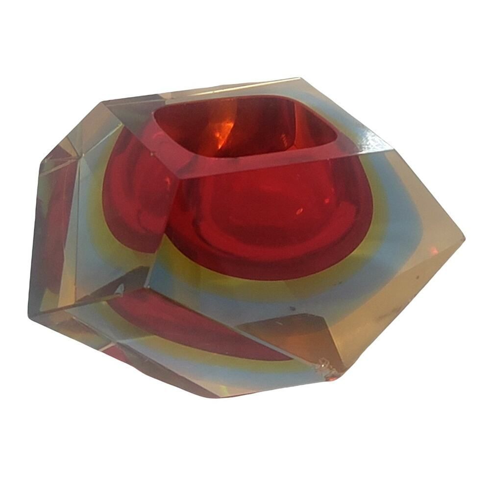 MCM RED MURANO SOMMERSO MANDRUZZATO GEOMETRIC FACETED GLASS CANDLE HOLDER AS IS‎
